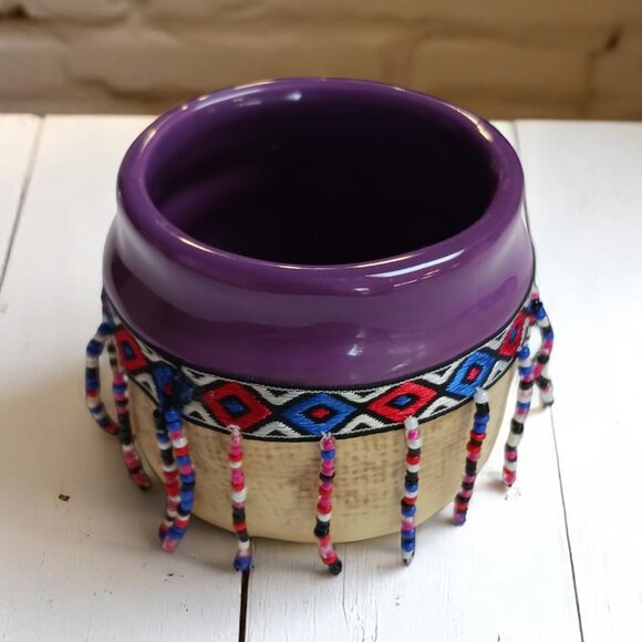 Artisan Beaded Pot –Ceramic Boho Folk Art Decor, Purple Glazed, Possibly Vintage - Picture 1 of 7